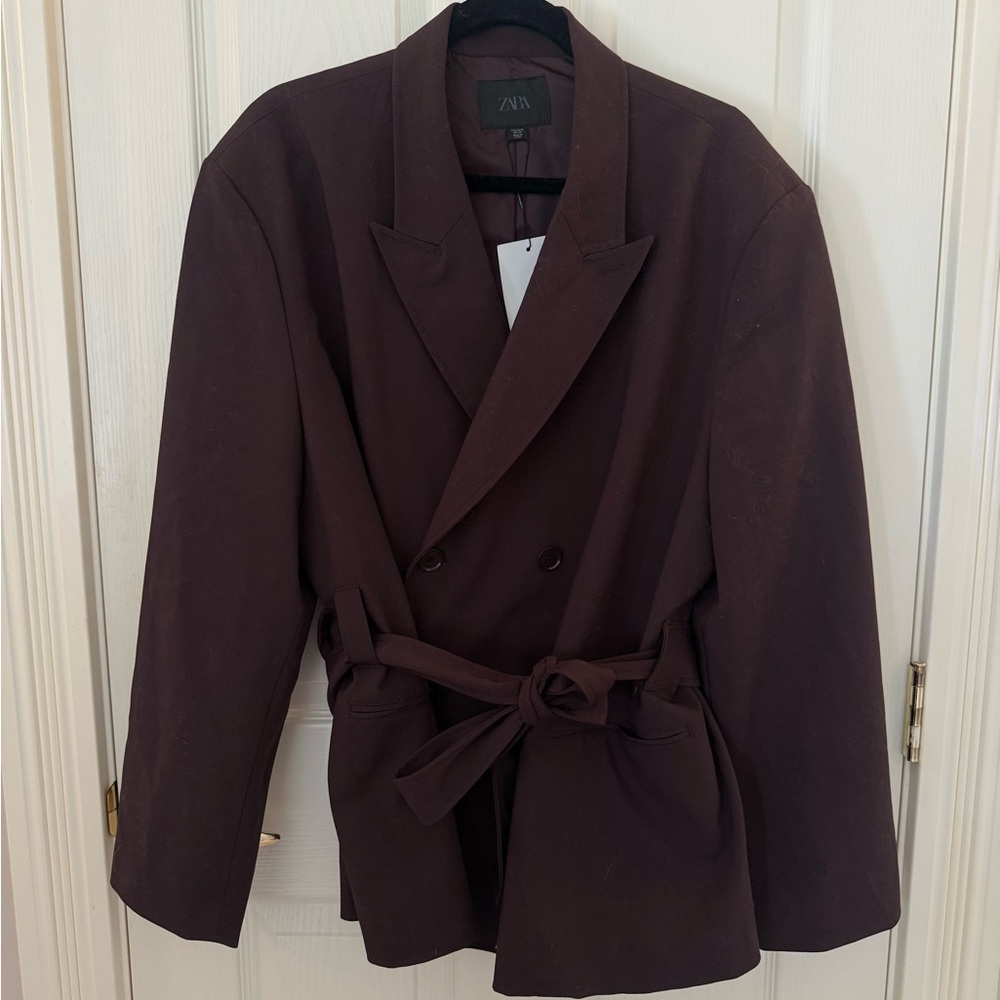 Zara Double-Breasted Belted Blazer Jacket - Brown